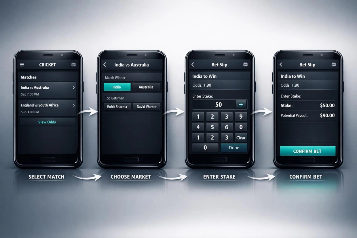 ReddyBook cricket betting steps showing how to place your first cricket bet